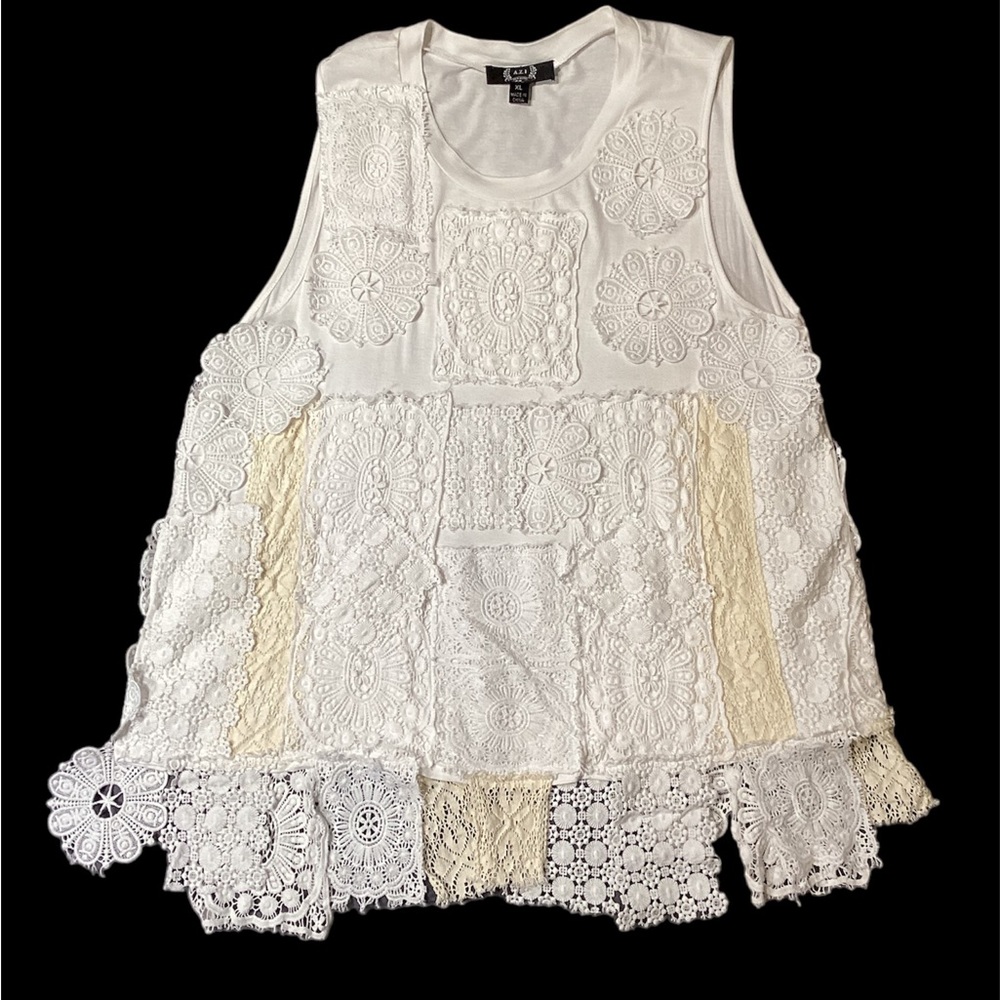 AZI Patchwork Lace with Lace Staggered Hemmed Top - XL